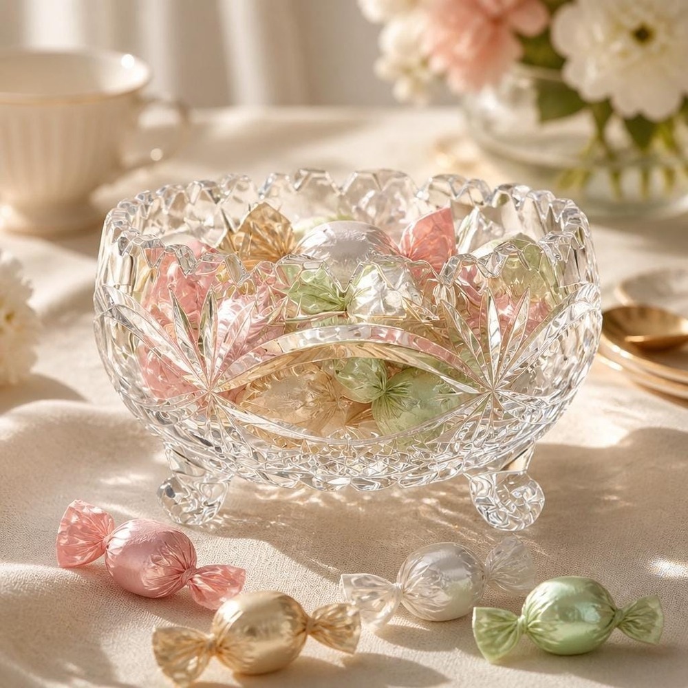 Vintage Three-footed American Brilliant Cut Glass Candy Bowl Sawtooth Edging